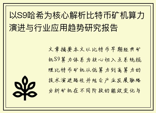以S9哈希为核心解析比特币矿机算力演进与行业应用趋势研究报告 以S9哈希为核心解析比特币矿机算力演进与行业应用趋势研究报告